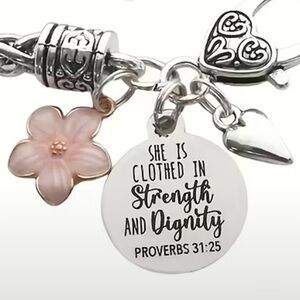 Bible Verse Charm Bracelet Silver with Pink Flower Pendant Proverbs 31:25